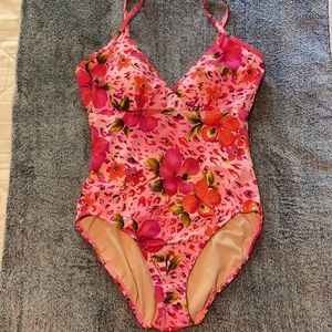 Tropical pink & print one piece swimsuit with lightly padded cups and high back